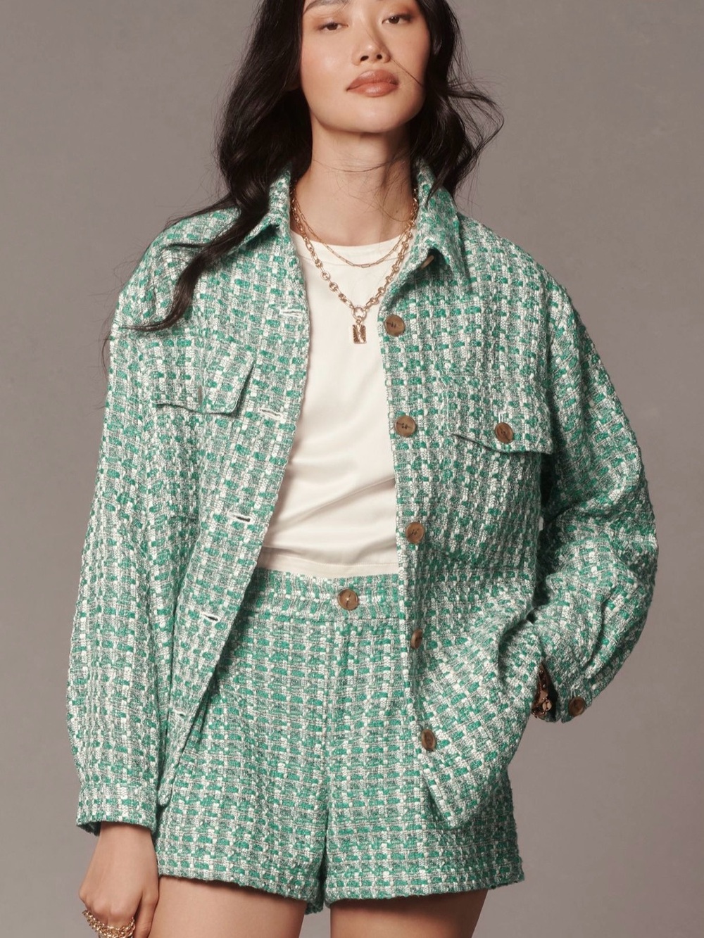 Green Tweed Button-Front Jacket and shorts set